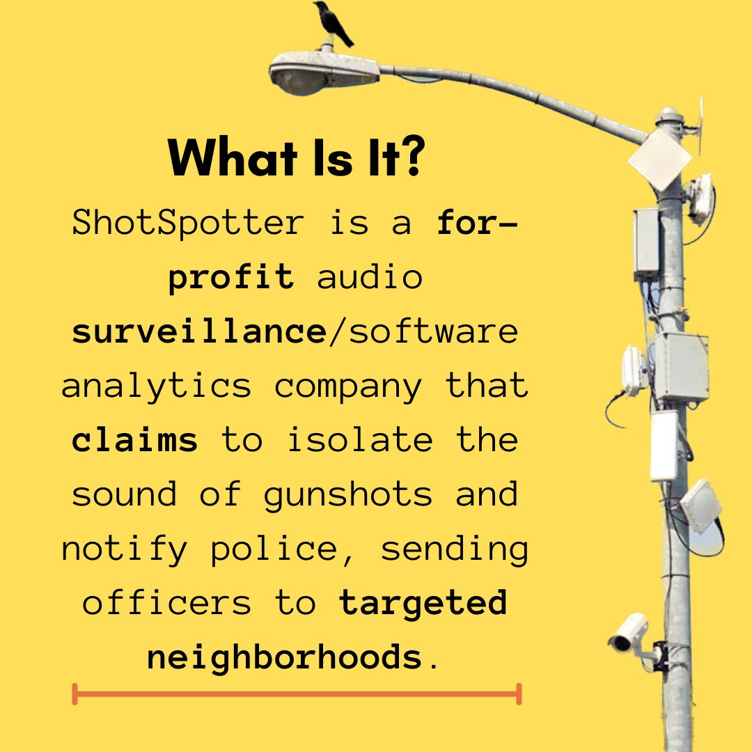 On the right there is a picture of a street light with many different industrial boxes and sensors on the pole, and a crow sitting on top of the light. The black text to the left of it reads: What Is It? ShotSpotter is a for-profit audio surveillance/software analytics company that claims to isolate the sound of gunshots and notify police, sending officers to targeted neighborhoods.