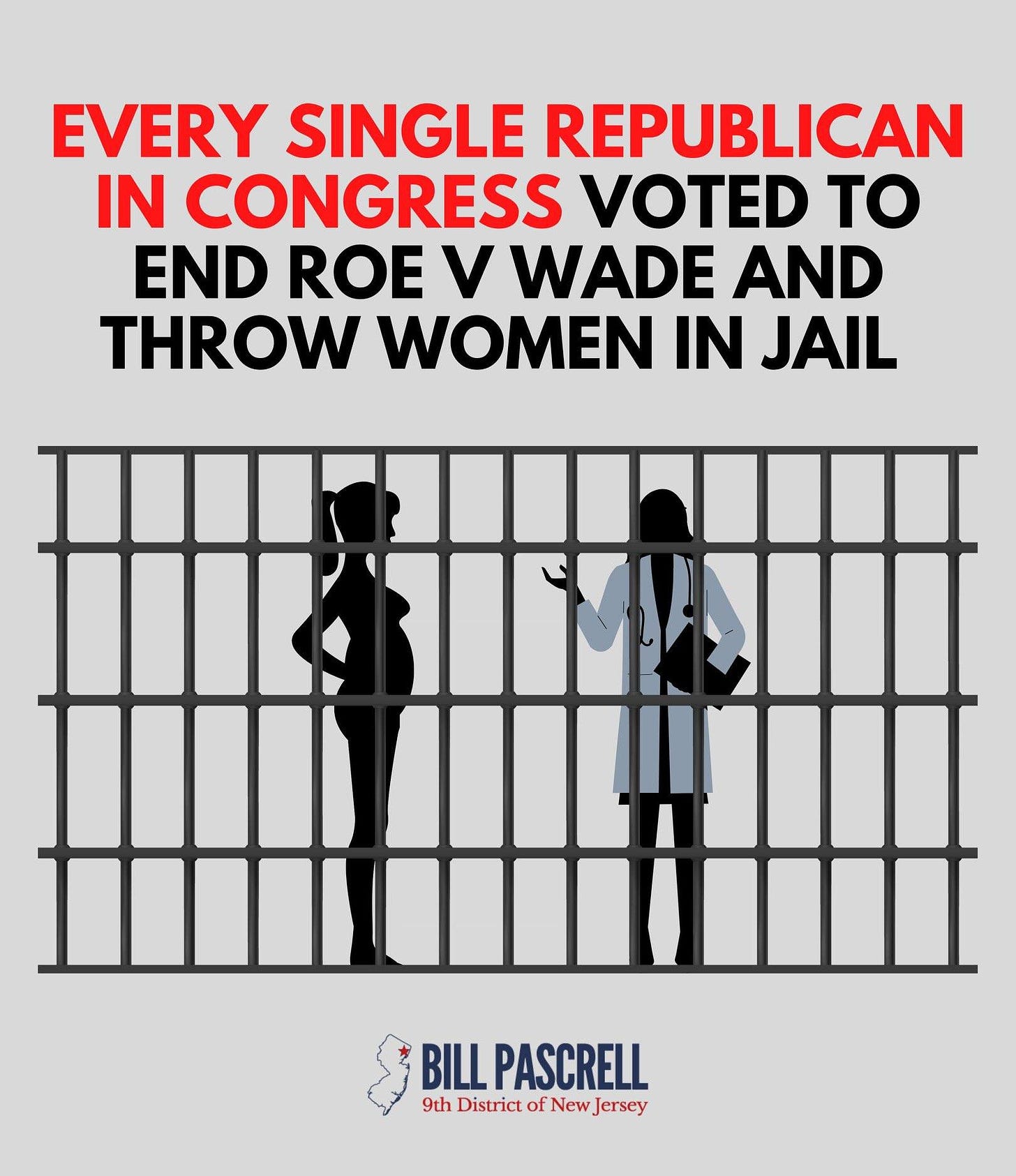 May be an image of 2 people and text that says 'EVERY SINGLE REPUBLICAN IN CONGRESS VOTED TO END ROE V WADE AND THROW WOMEN IN JAIL mmmii BILL PASCRELL 9th District of New Jersey'