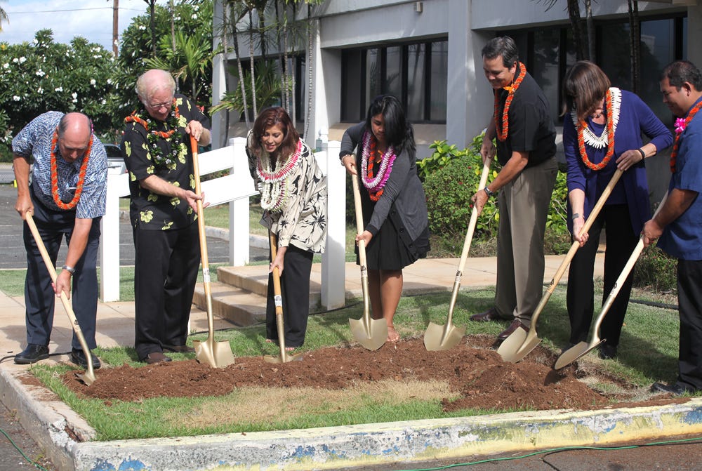 PBS Hawaii staff, board members and production students attended a small groundbreaking ceremony for the station’s new headquarters on Nov. 10. From left: Neil Hannahs, former PBS Hawaii Board Chair; Robbie Alm, current PBS Hawaii Board Chair; Leslie Wilcox, PBS Hawaii President and CEO; Victoria Cuba, HIKI NO and Waipahu High School graduate; Cameron Nekota, PBS Hawaii Board Facilities Chair; Sheryl Seaman, Group 70 International Vice Chair; Justin Izumi, Allied Builders System Vice President.