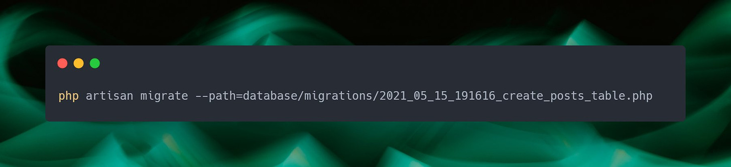 Screenshot of a command prompt that reads "php artisan migrate --path=database/migrations/2021_05_15_191616_create_posts_table.php"
