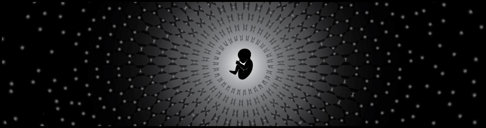 A baby floating in space, surrounded by chromosomes that are forming from stars.