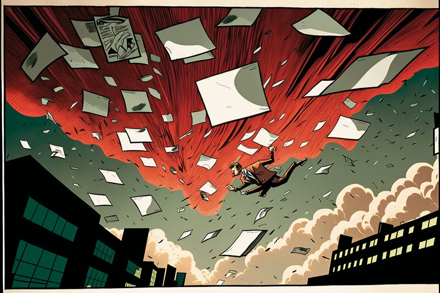 emails flying though the air, graphic novel