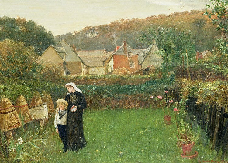 A widow and her son telling the bees of a death in the family. Painting by Charles Napier Hemy (1841–1917)