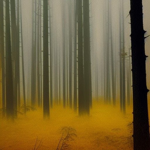 dark forest envelops a flickering yellow city in the style of Caspar David Friedrich