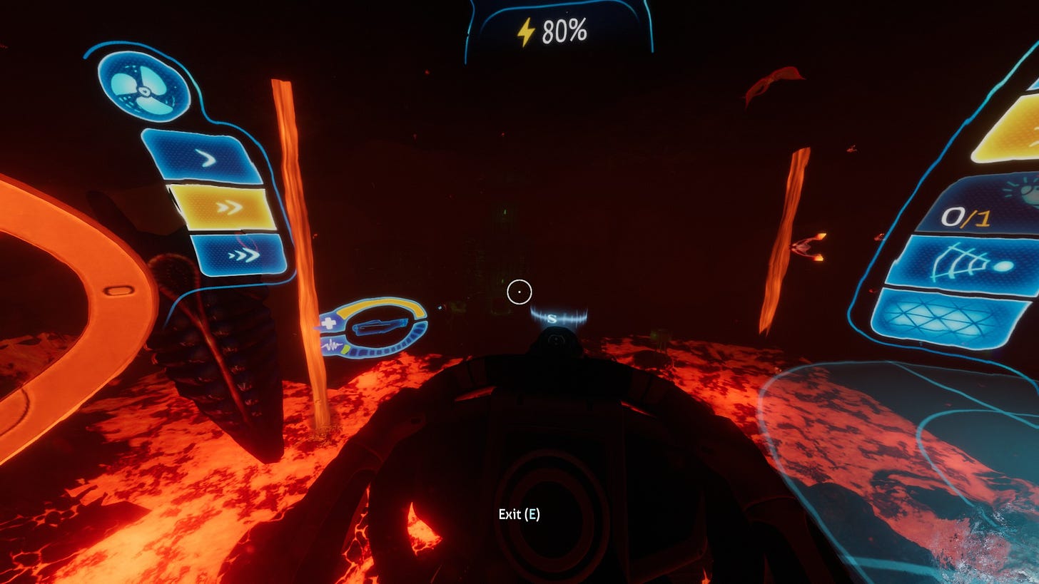 A screenshot of the game Subnautica seen from the inside of the Cyclops submarine vehicle moving on dark oceanic rock floor of planet 4546B.