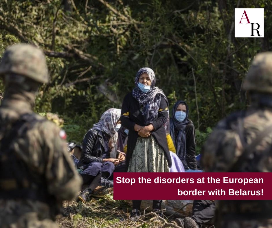 May be an image of 5 people, outdoors and text that says "AR A R Stop the disorders at the European border with Belarus!"