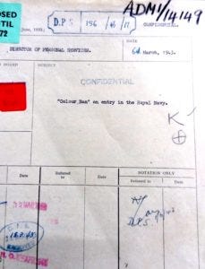 A service record includes the typed text "Colour Bar on entry to the Royal Navy"