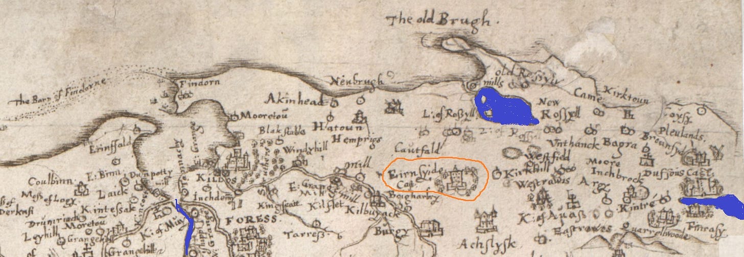 Detail of Timothy Pont’s 1590 map of Moray, with Earnside circled in orange. The River Findhorn is marked out in blue towards the left hand side, and the remnant of the Loch of Spynie is coloured in blue on the extreme right.