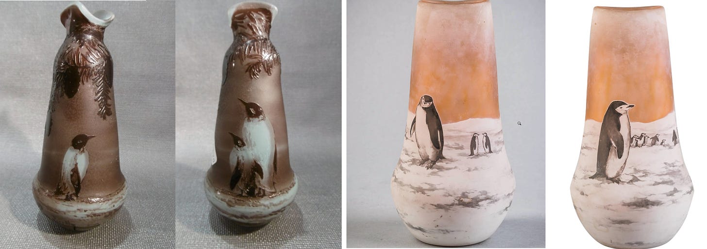 Penguins vases from Muller Frères (left, 13.2 cm H.) and Daum (right, 17.7 cm H.) (© Antiquités Art Nouveau 2019 and Seidenberg 2021).