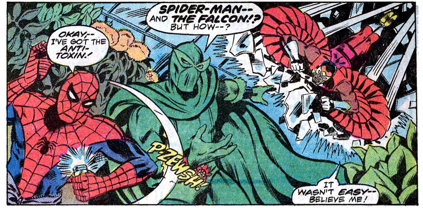 Spider-Man and the Falcon attack Plantman