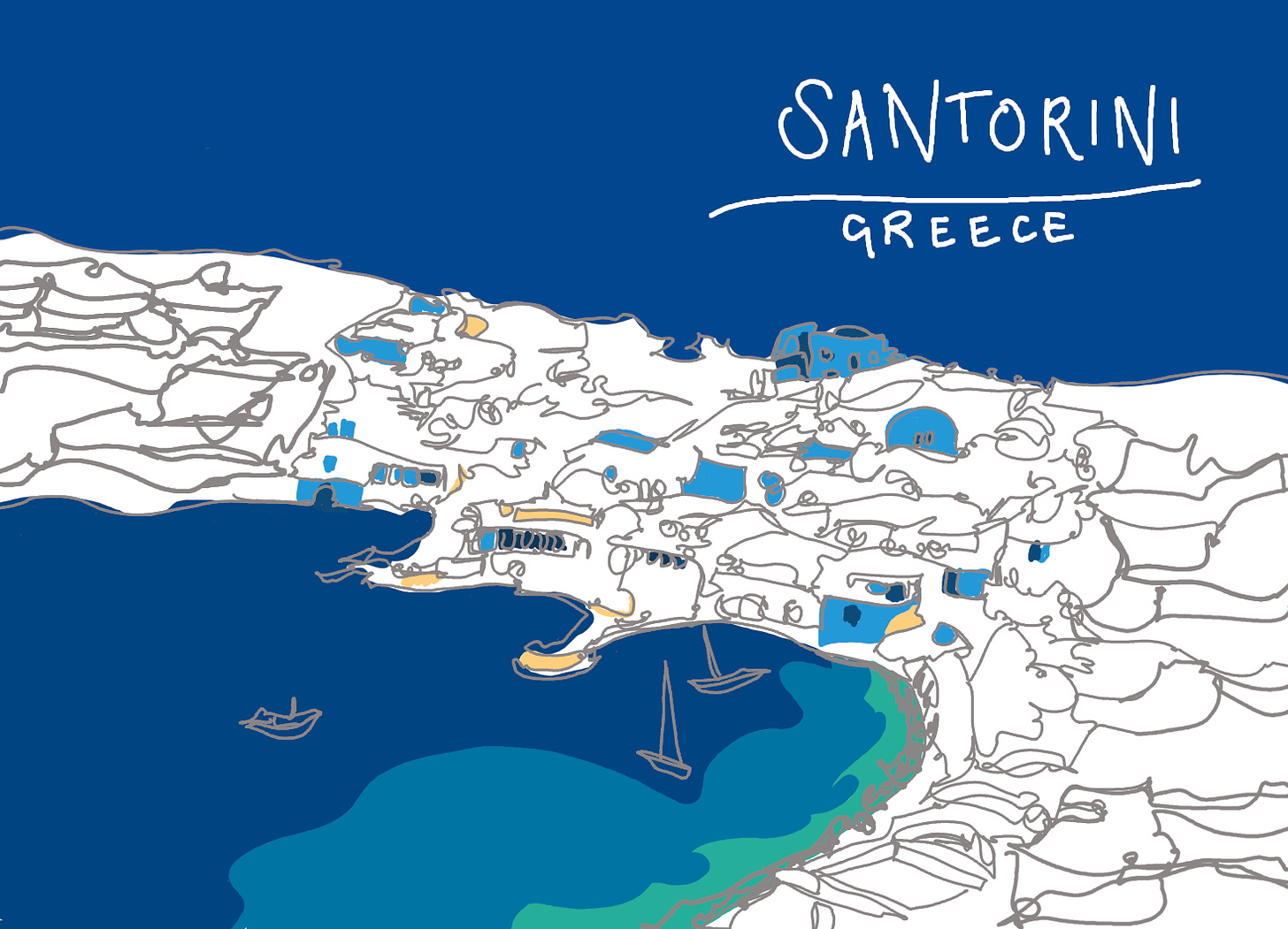 an illustration of Santorini, an island with white and blue buildings