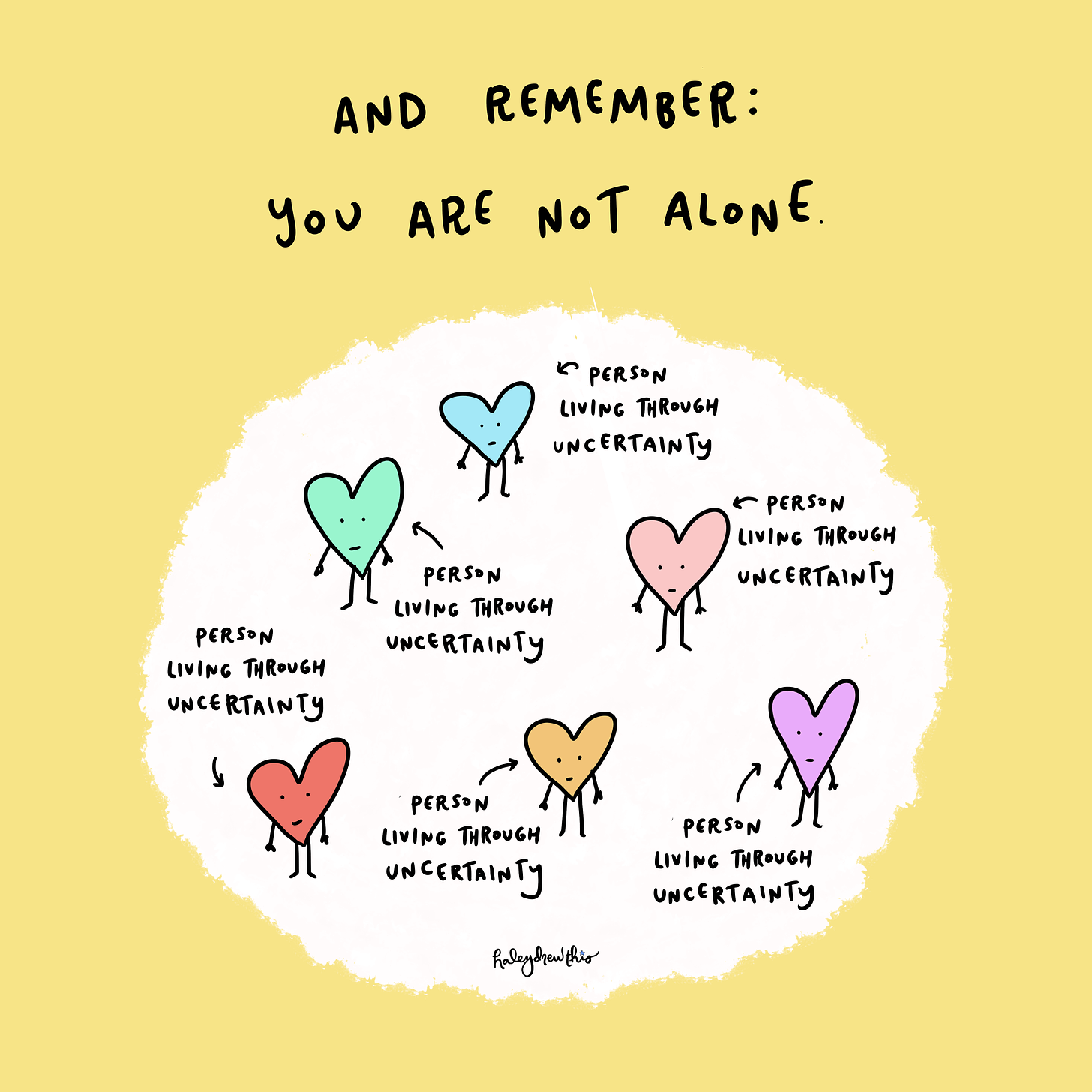 Title: And remember, you are not alone. Illustration of lots of little hearts, labeled as "person living through uncertainty."