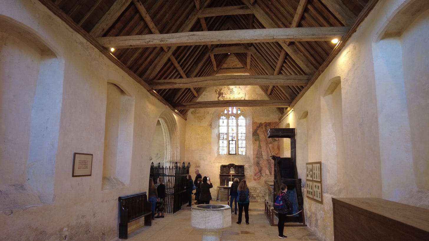 Farleigh Hungerford Castle Chapel and the exposed wall mural of George and the Dragon. Image: Roland's Travels