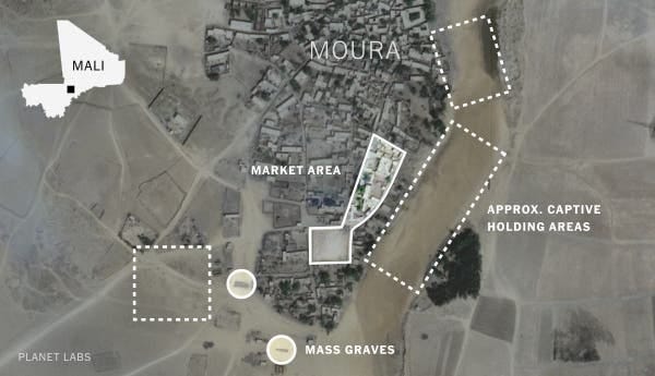 An image captured by commerical satellite company Planet Labs on April 6, and analyzed by The Times, showed the location of mass graves in Moura.