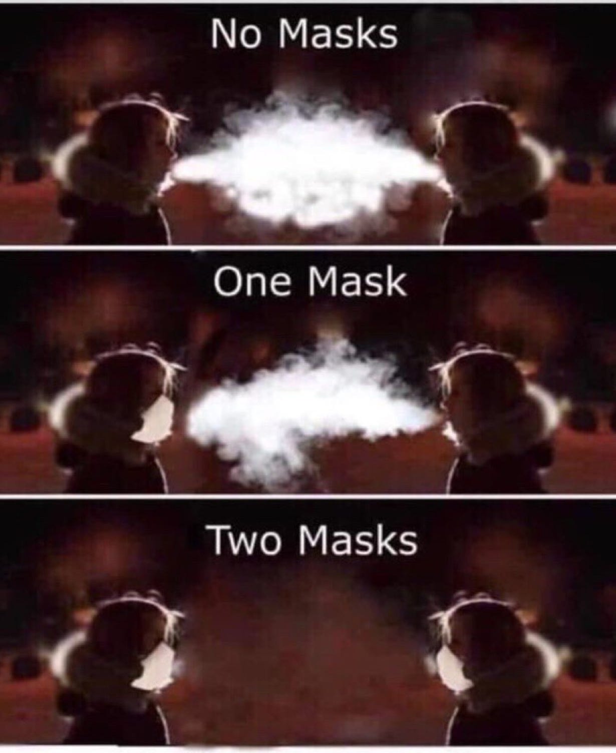 Image depicting aerosol particles generated as we breathe / speak and the impact of two-way masking. Source: Kimberly Prather, Distinguished Professor, Center for Aerosol Impacts and Chemistry of Environment