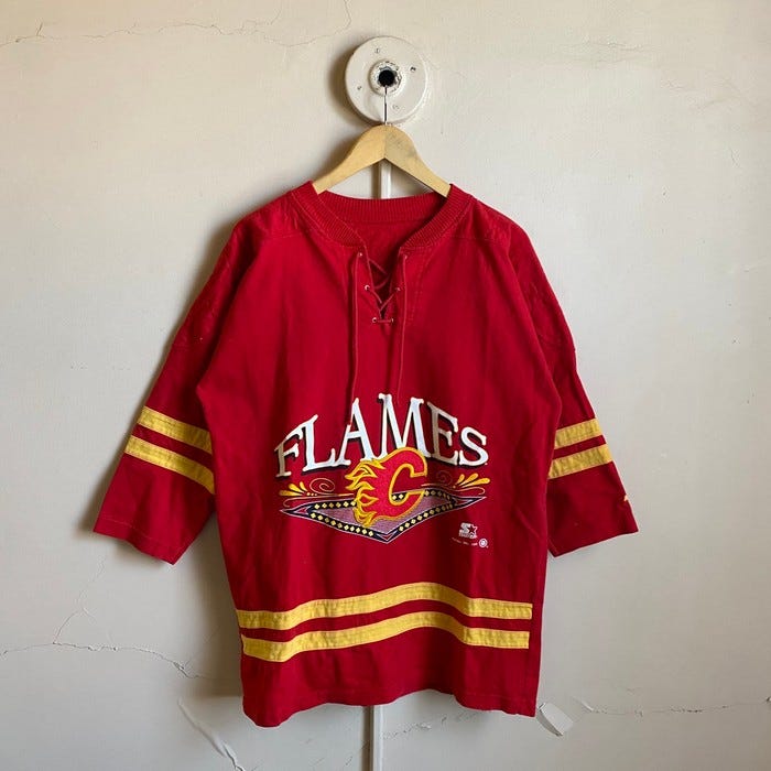 Vintage vintage 1992 Starter Calgary Flames cotton lacer jersey Size US XL / EU 56 / 4 - 1 Preview