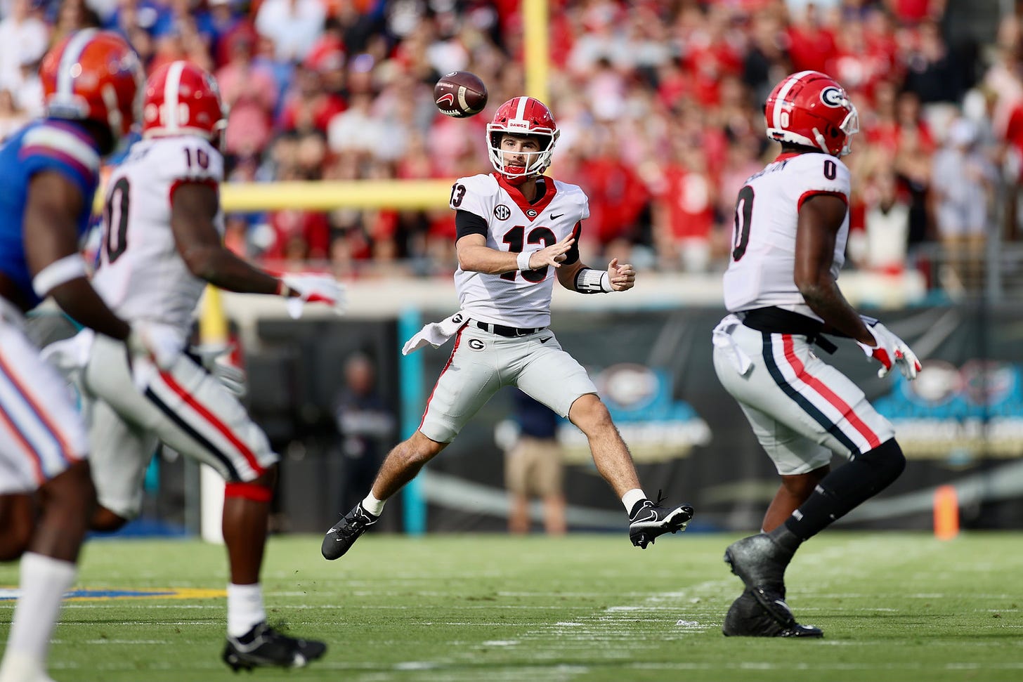 Georgia quarterback Stetson Bennett (13) during the Bulldogs’ game with Florida in Jacksonville, Fla., on Saturday, Oct. 30, 2021. (Photo by Mackenzie Miles)
