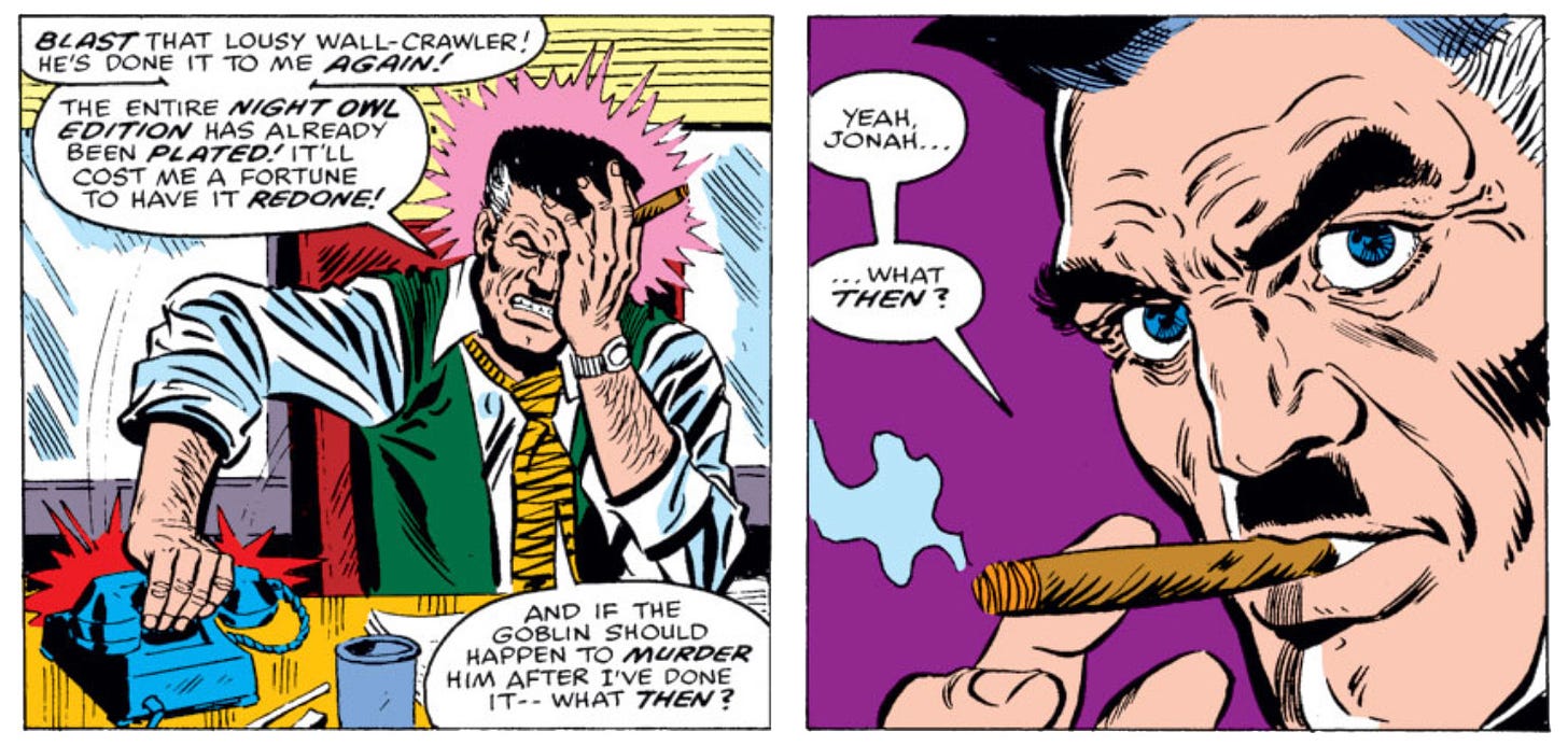 Two panels from this issue, with J. Jonah Jameson complaining about having to reprint the late edition of his newspaper