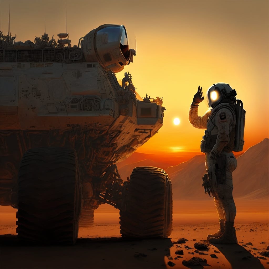 Mark Watney, the main character of the film "The Martian", touches with his left hand the top cover of Curiosity rover during the sunset on Mars