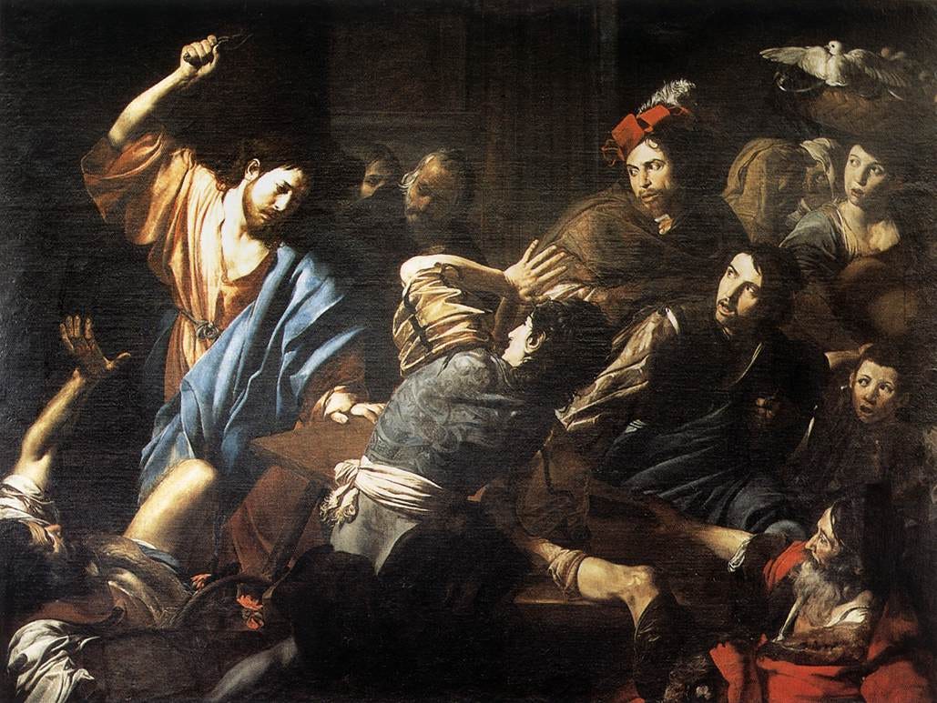 Valentin de Boulogne: Christ Driving the Money Changers out of the Temple  — some artsy Italian Renaissance painting of white Jesus beating other white people in a temple, like the story in the Bible