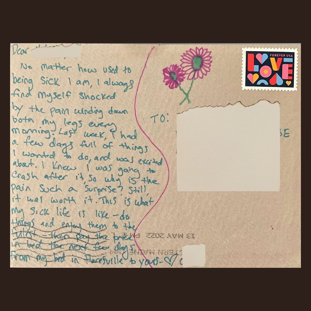 The reverse of a postcard against a black background. The stamp is in the top right corner and says LOVE in various pastel colour. The ink is green and the letter is about a painflare.