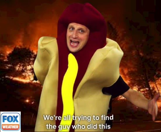 A mockup of the "We're all trying to find the guy who did this" hot dog man from I Think You Should Leave in front of a wildfire, with a Fox Weather logo in the bottom corner.