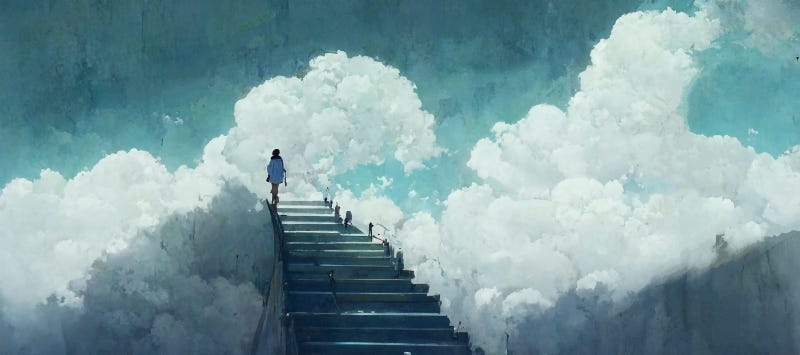 A woman walking up a stairway into the clouds. (It’s a metaphor)