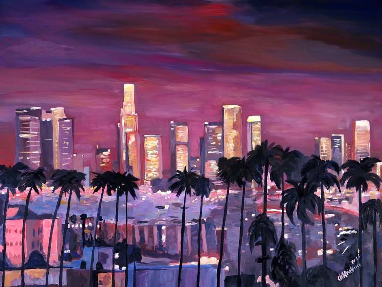 Los Angeles With Golden Skyline Painting by M Bleichner | Saatchi Art