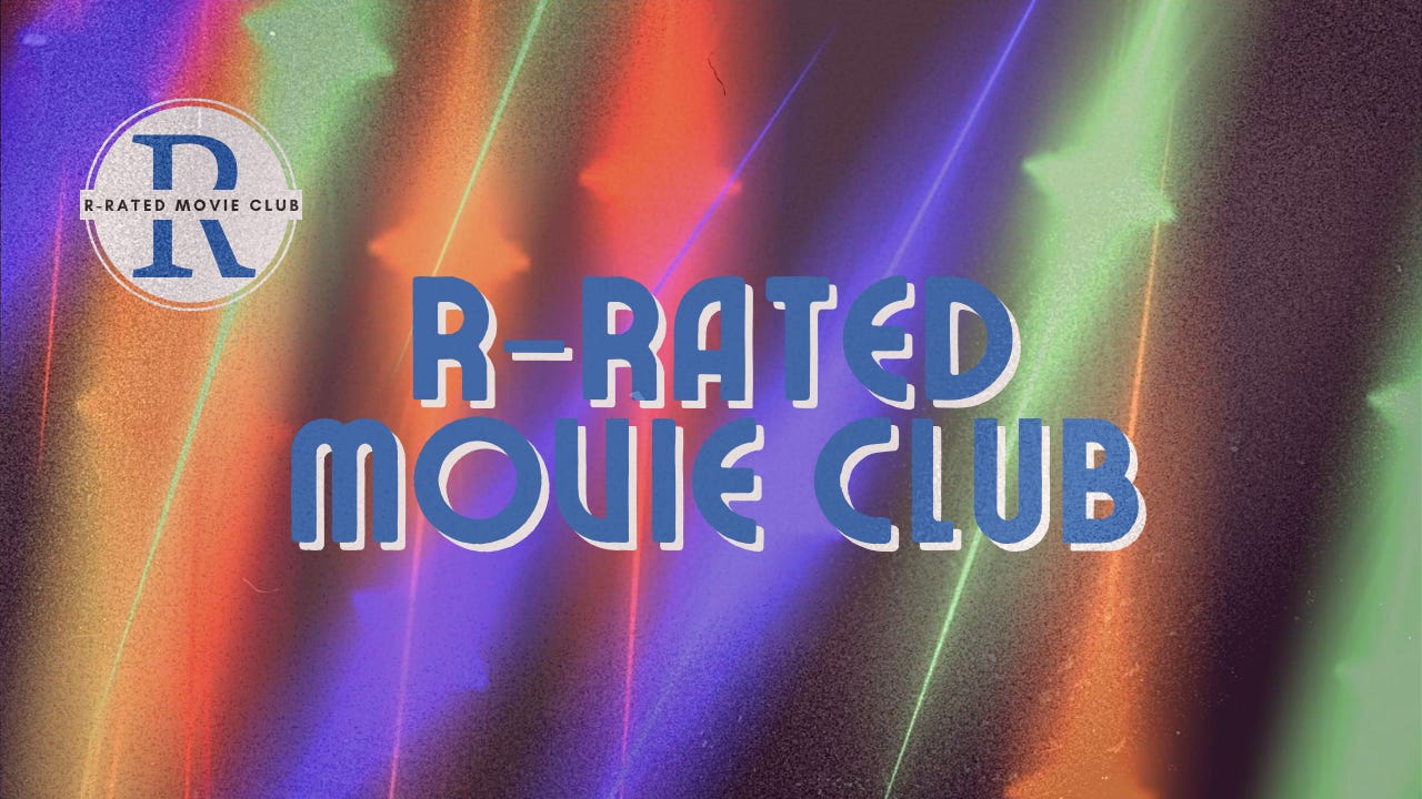 The title R-Rated Movie Club in front of shining stars of orange, green, red, and blue, with scratches and marks all over like an old film strip.