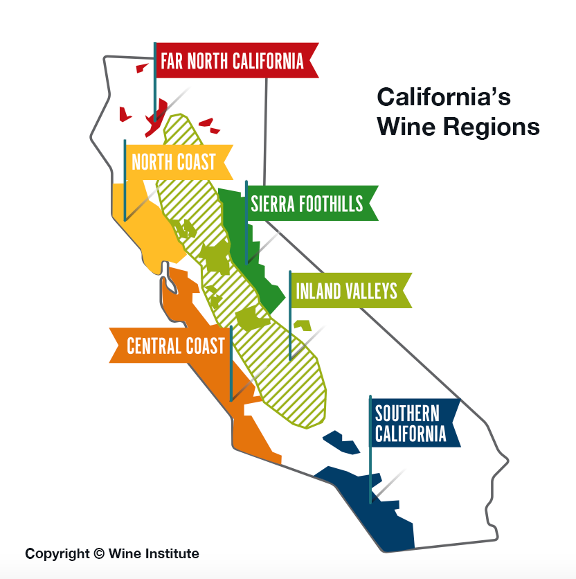 Map showing California's primary wine growing regions. 