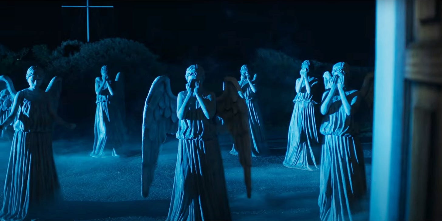 This image shows six Weeping Angles from the point of view of the front door of Professor Eustacius Jericho (played by Kevin McNally) in Doctor Who: Flux's fourth chapter / episode (titled "Village of the Angels"). This image shows six Weeping Angles from the point of view of the front door of Professor Eustacius Jericho (played by Kevin McNally) in Doctor Who: Flux's fourth chapter / episode (titled "Village of the Angels").