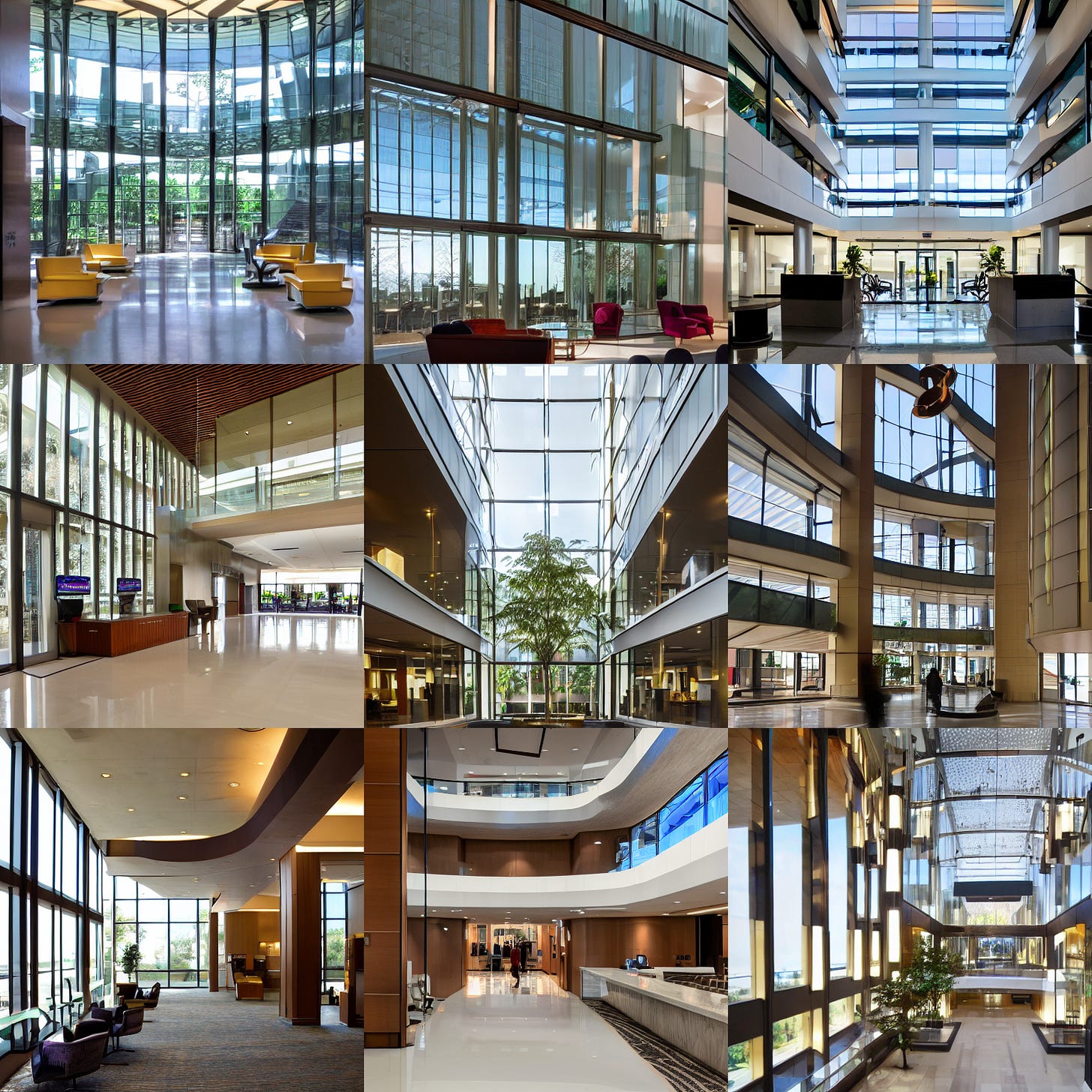 Image from Stable Diffusion with the prompt 'lobby atrium with glass and a front desk, lots of light, modern aesthetic, sunlight'