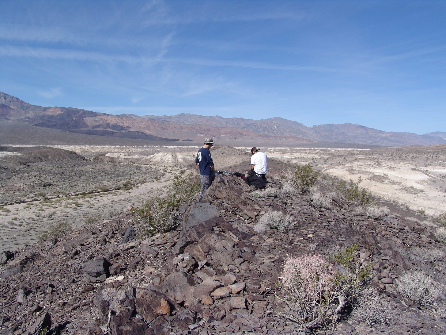 Photos courtesy of Jeffrey Knott | CSUF undergraduate students sampling an ancient basalt flow in Death Valley Wash, Death Valley, California.