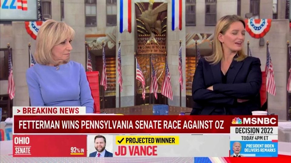 May be an image of 4 people, people standing, suit and text that says 'BREAKING NEWS FETTERMAN WINS PENNSYLVANIA SENATE RACE AGAINST OZ OHIO SENATE 92%IN ✓ PROJECTED WINNER JD VANCE MSNBC DECISION 2022 TODAY 4PME PRESIDENT BIDEN DELIVERS REMARKS'