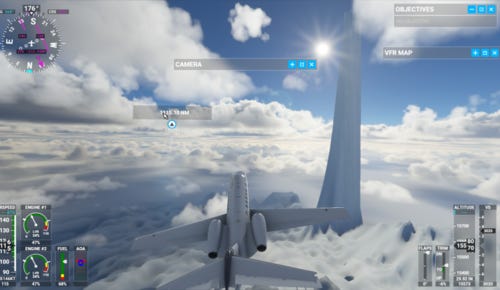 Flight Simulator screenshot showing a plane flying at around 15,500 feet, over a strangely scalloped icy landscape. Rising out of the ice is an impossibly pointy mountain that's at least 20,000 feet tall.

