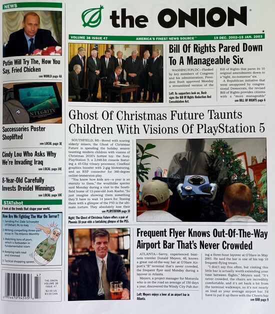 A photo of The Onion's print issue from Dec. 18, 2002.