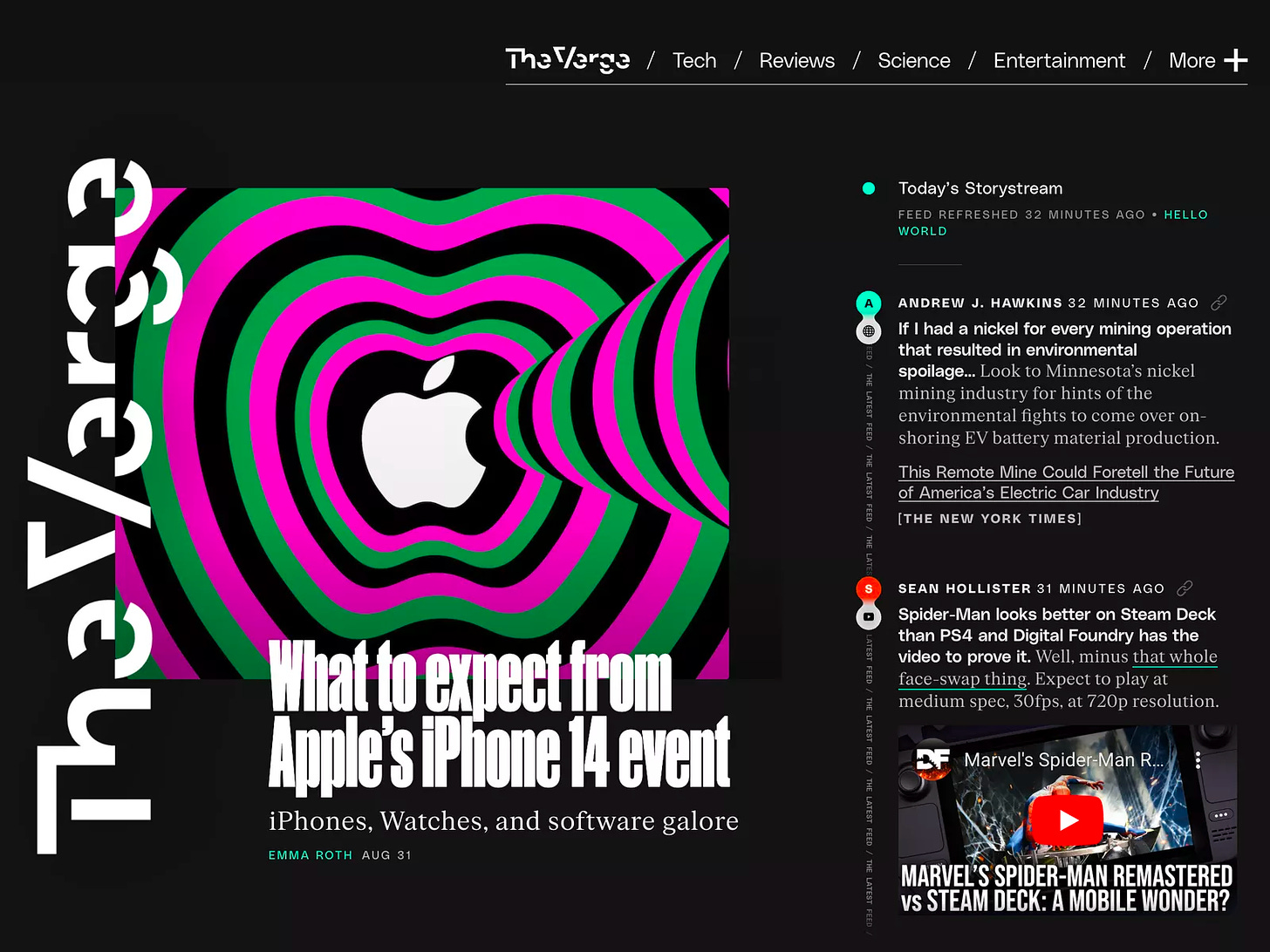 Home page of The Verge website