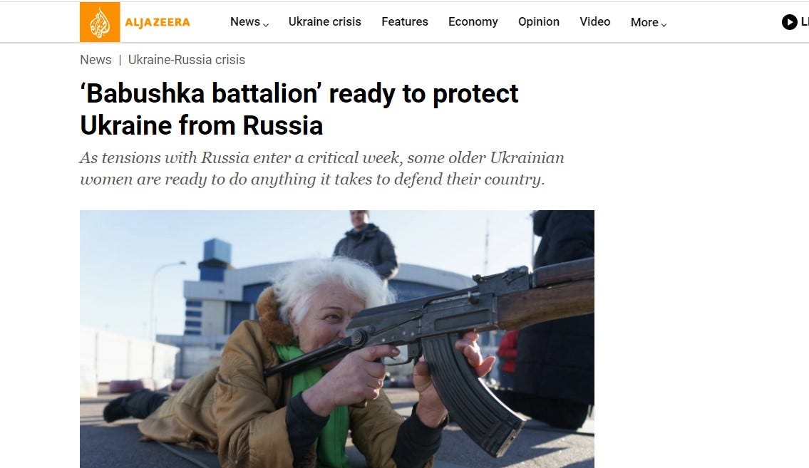 An Al Jazeera article with a picture of an old woman in the prone position with a large rifle. Title: "Babushka Battalion" ready to protect Ukraine from Russia