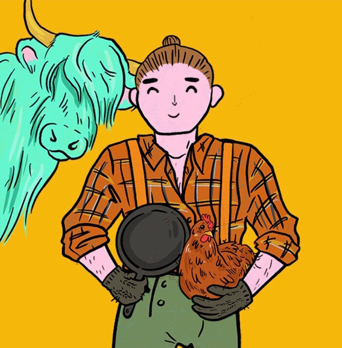 an avatar of a female lumberjack wearing an orange flannel, suspenders and holding a cast iron skillet and a chicken. a blue ox pokes its head in from the side of the frame.