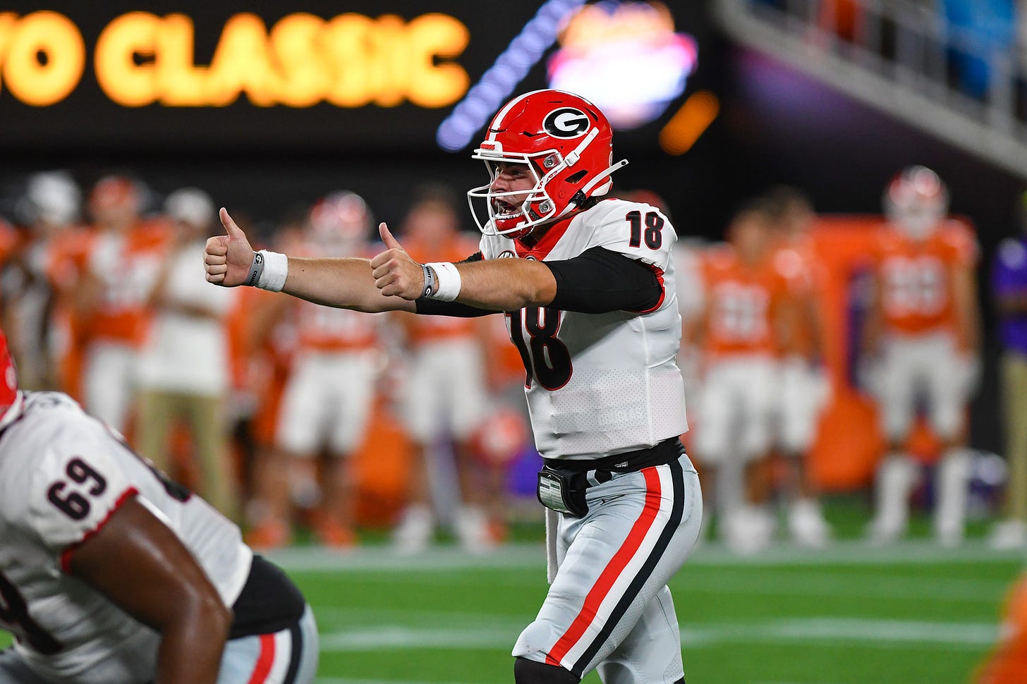 Georgia quarterback JT Daniels (18) during the Duke’s Mayo Classic against Clemson at Bank of America Stadium in Charlotte, NC, on Saturday, Sept. 4, 2021.  (photo by Rob Davis)