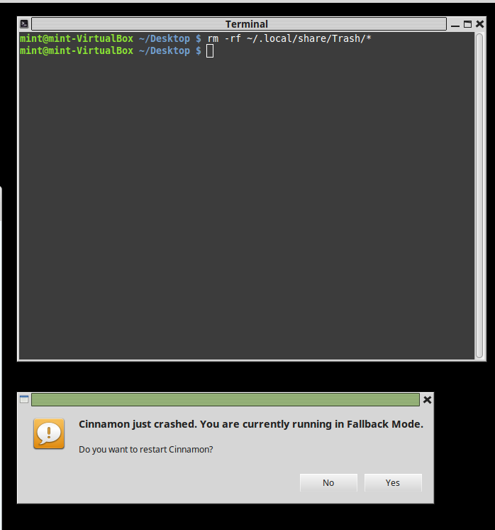 cinnamon crash no disk space
