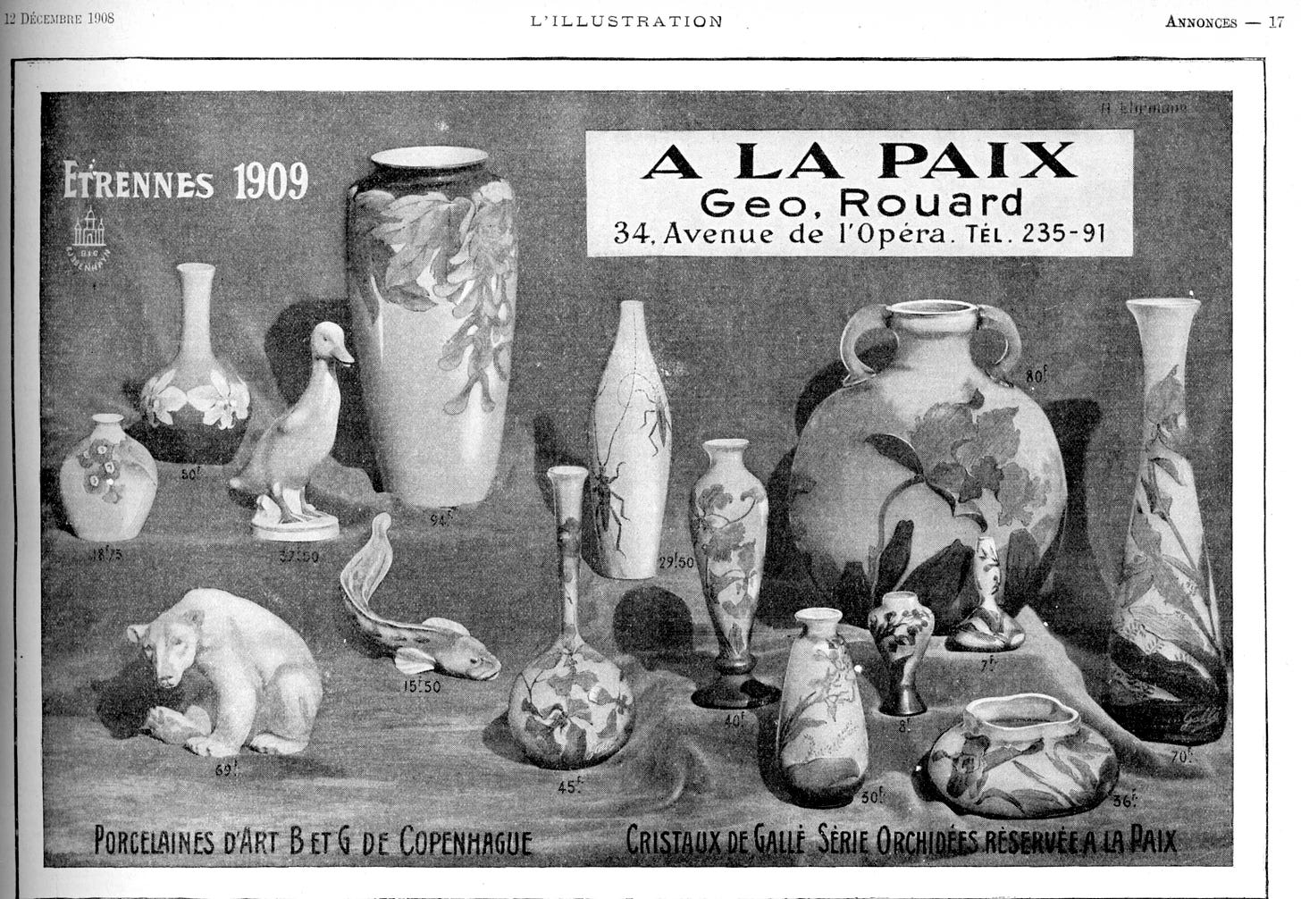 Advertisement for Gallé vases in 1908 by the specialized outlet A la Paix owned by Geo Rouard (*L'Illustration* 12 December 1908, Bibliothèques de Nancy, cote Rés. 750 093).::My thanks go to the Service patrimoine of the Bibliothèque Municipale Stanislas in Nancy for providing a digital copy of this advertisement.
