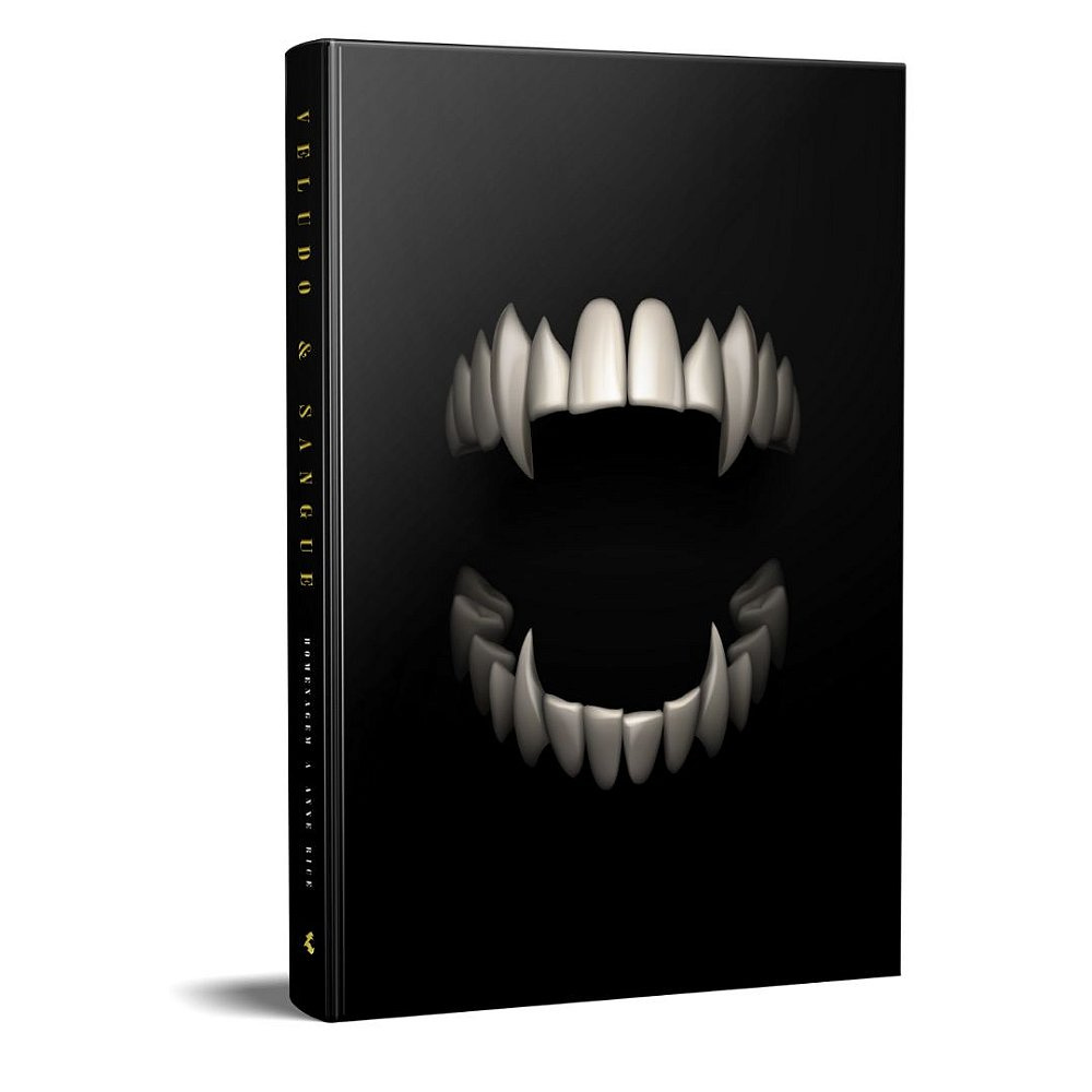 Foto promocional de um livro preto simples de lado, apenas uma dentadura aberta com dentes de vampiro contra o fundo preto. Na lombada, o tíutlo "veludo e sangue, uma homenagem a Anne Rice"