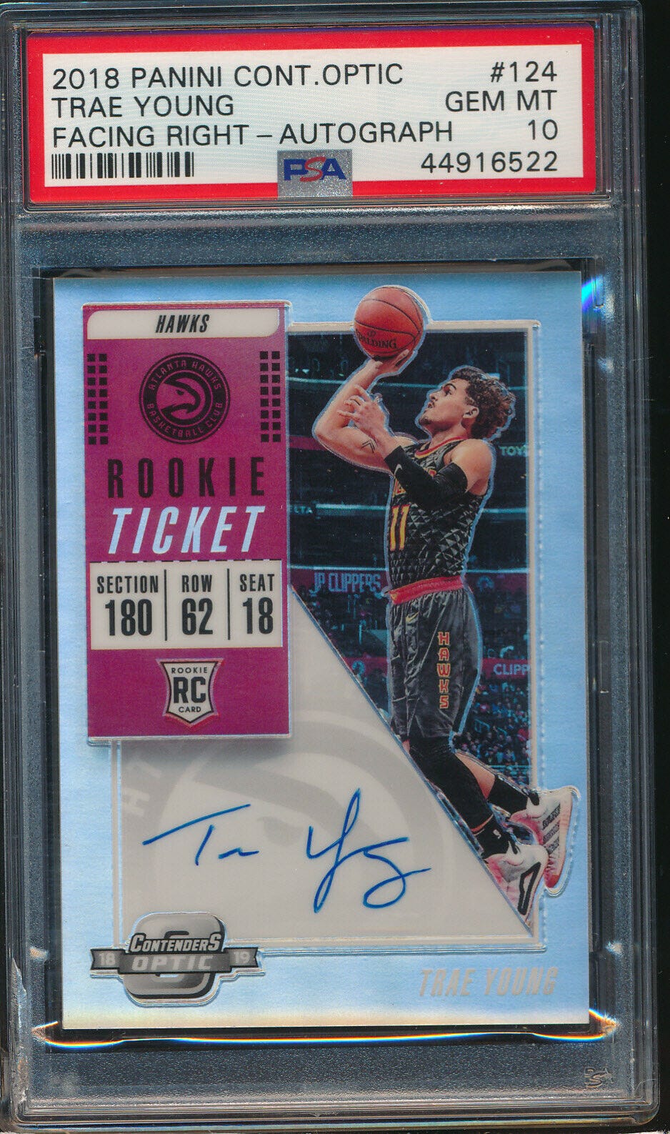 Image 1 - 2018 Contenders Optic Auto #124 Trae Young RC Facing Right PSA 10