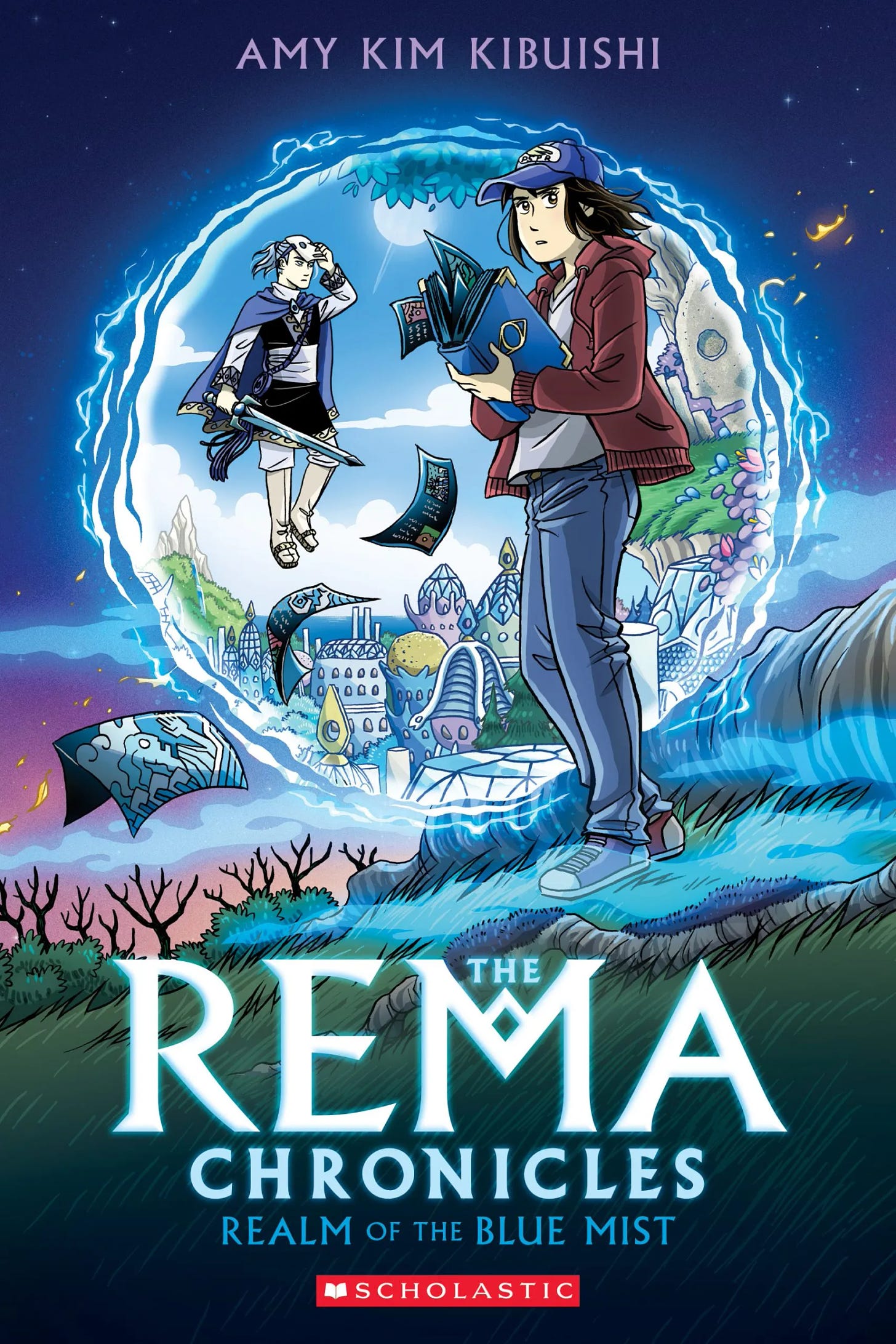 Cover for Amy Kim Kibuishi's The Rema Chronicles: Realm of the Blue Mist. Tabby a young girl in a baseball cap stands on a hillside infant of a portal. Just inside the portal to Tabby's left Keeper Philip floats, he is lifting a white mask off his face.