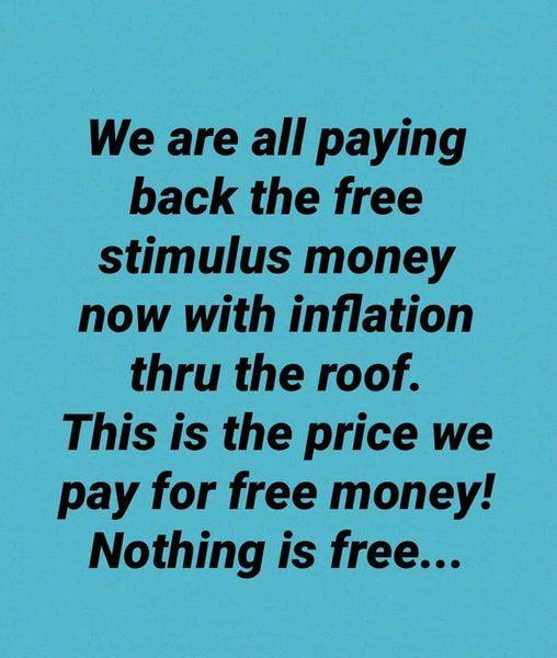 May be an image of text that says 'We are all paying back the free stimulus money now with inflation thru the roof. This is the price we pay for free money! Nothing is free...'