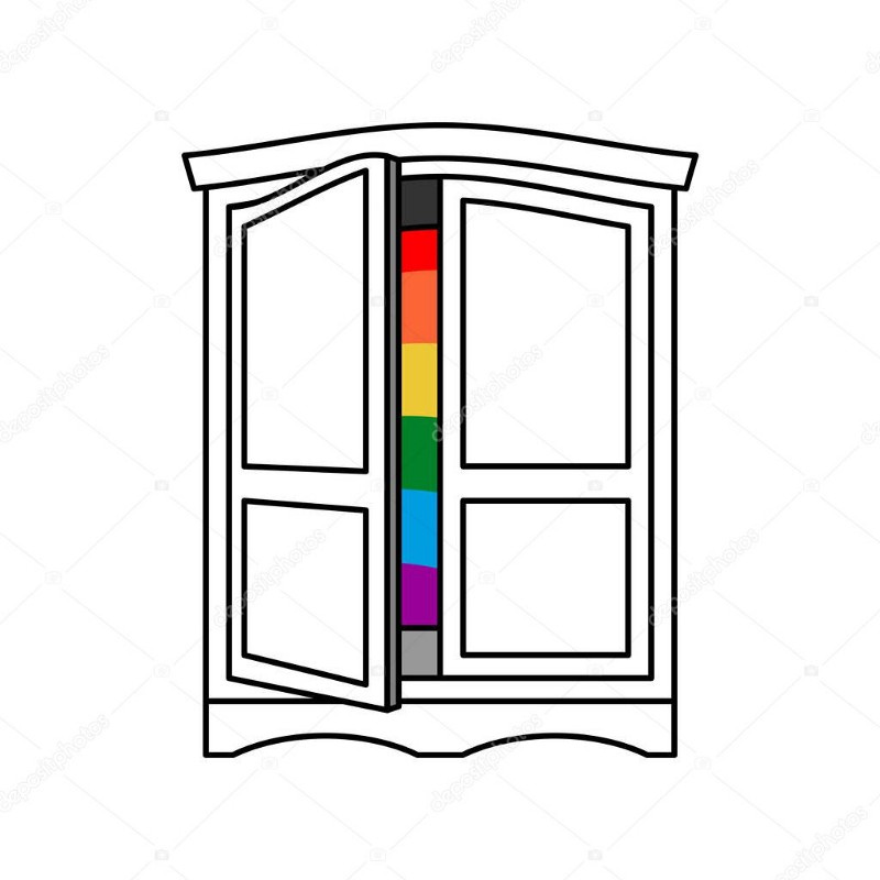A  black and white closet with the doors ajar. Inside the closet, the LGBTQ rainbow flag is visible.