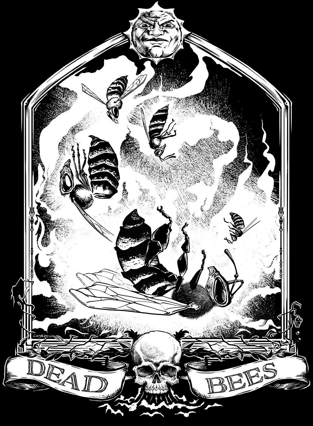 Black and white ink drawing of an arched frame of bees falling and dying with a skull and the words, “Dead Bees” on a ribbon surrounding the skull.