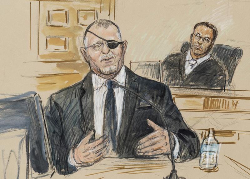 This artist sketch depicts the trial of Oath Keepers leader Stewart Rhodes, left, as he testifies before U.S. District Judge Amit Mehta on charges of seditious conspiracy in the Jan. 6, 2021, attack on the U.S. Capitol, in Washington, Nov. 7, 2022. Federal prosecutors are expected to make their final pitch to jurors in the high-stakes seditious conspiracy case against Oath Keepers founder Stewart Rhodes and four associates on Nov. 18.. (Dana Verkouteren via AP)