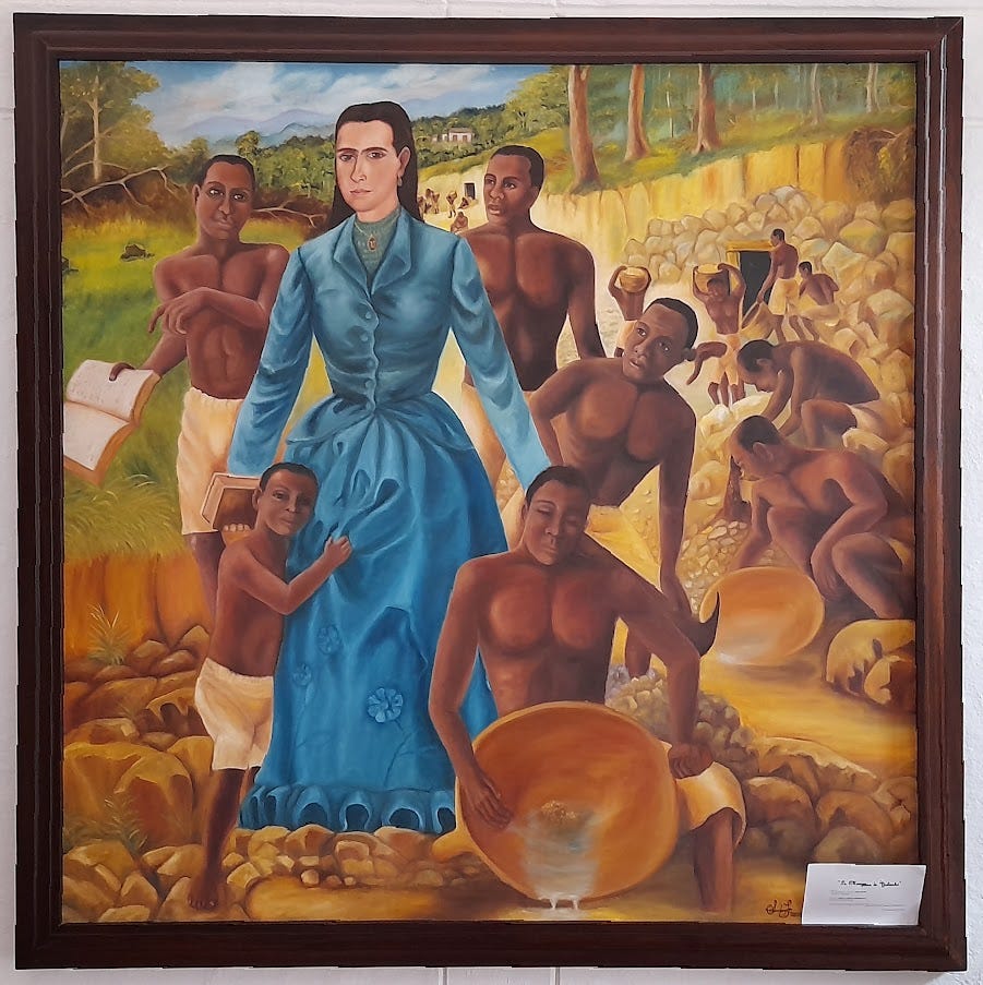 Hanging prominently in the Casa Museo is a painting depicting a scene from La marquesa de Yolombó - and not just any scene, but one that features our female protagonist with "her blacks", because the book is strong on feminism but perpetuates a lot of lazy stereotypes about its black characters, in keeping with the colonial era.
